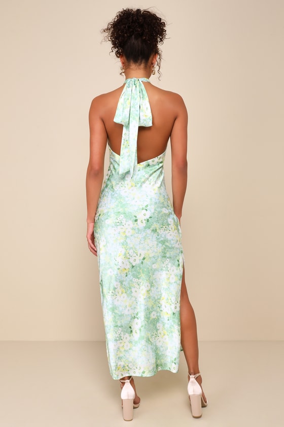 Glowing Presence Light Green Floral Satin Halter Maxi Dress 2