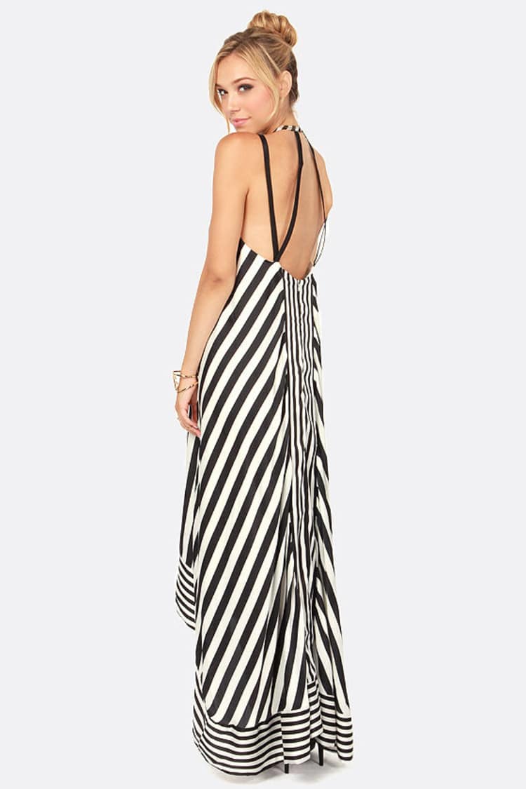 chinese dress ladies The Cruella Dress: Halter Black & White Striped Maxi Dress Large main image 1