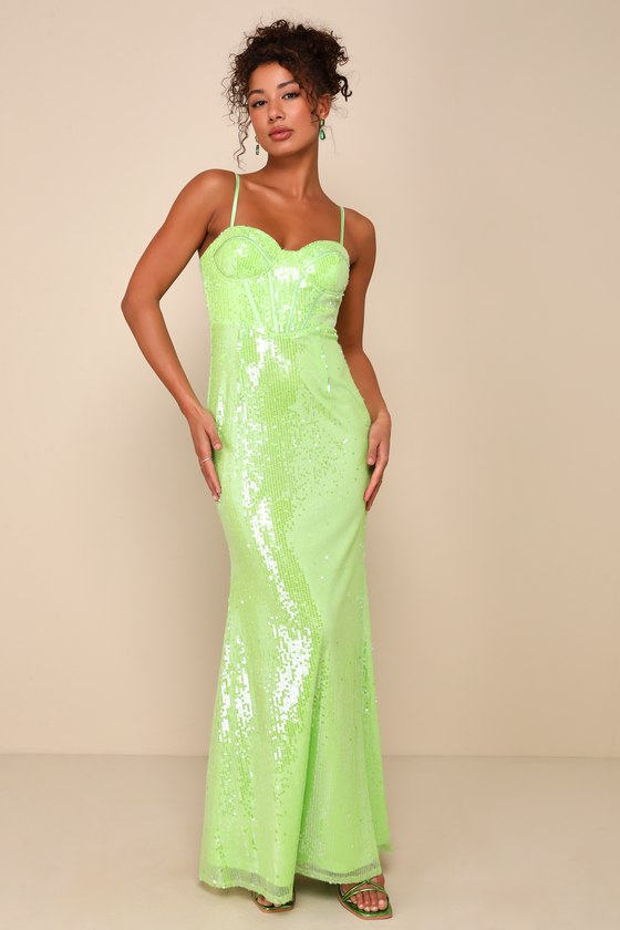 Lulus Phenomenal Presence Lime Green Sequin Bustier Maxi Dress