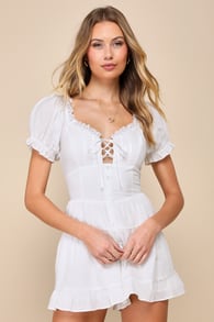 Completely Precious White Lace-Up Puff Sleeve Corset Romper