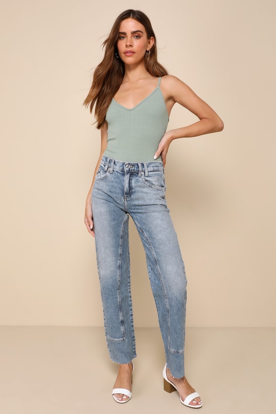 Shop Free People Risk Taker Medium Wash Mid-rise Straight Leg Jeans In Blue