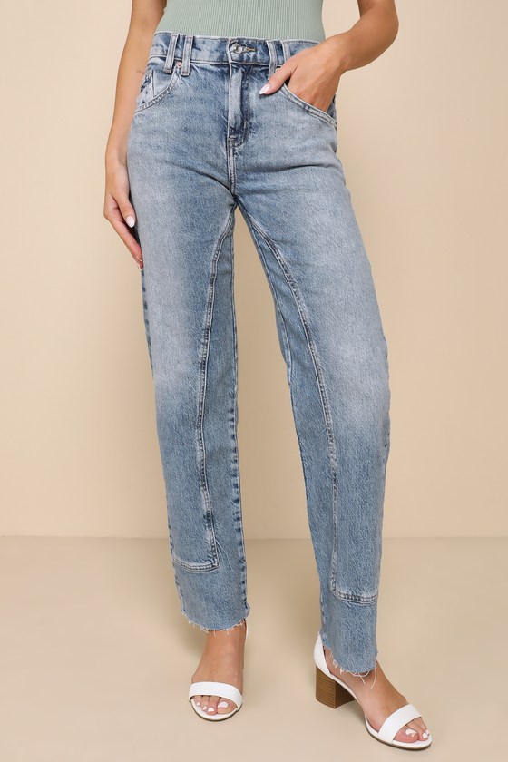 Shop Free People Risk Taker Medium Wash Mid-rise Straight Leg Jeans In Blue