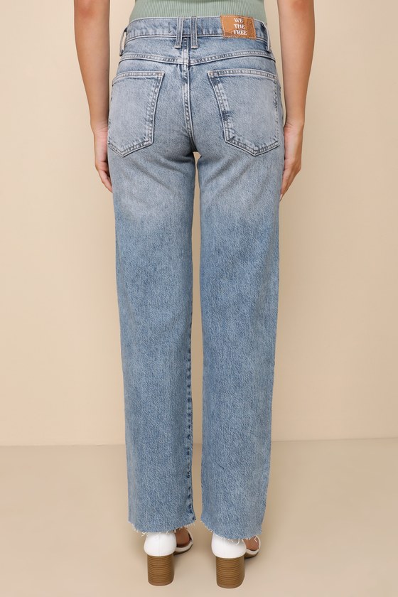 Shop Free People Risk Taker Medium Wash Mid-rise Straight Leg Jeans In Blue