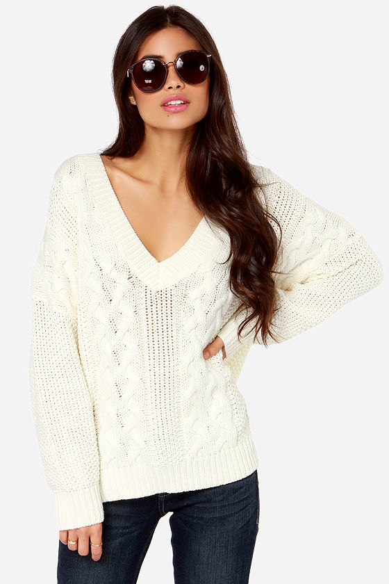 Cream Woven Knit Sweater Hoodie (L)