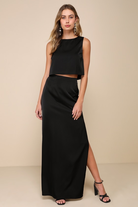 Lulus Double The Elegance Black Satin Two-piece Column Maxi Dress