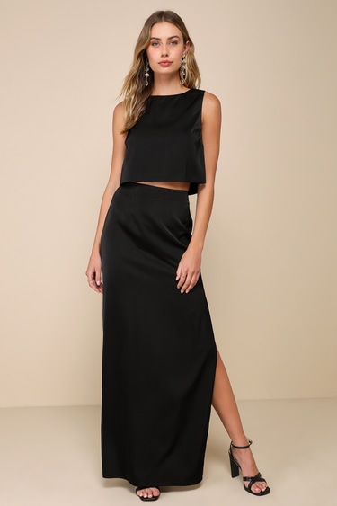 Maxi Skirt Black Two Piece Maxi Dress Black Satin Dress 2-PC Maxi
