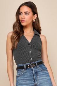 Feeling Trendy Charcoal Grey Textured Ribbed Collared Tank Top