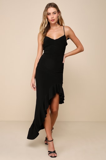 Confident Date Black Ruffled Backless Asymmetrical Midi Dress