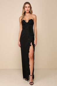 Elegant Mood Black 3D Floral Applique Strapless Maxi Dress