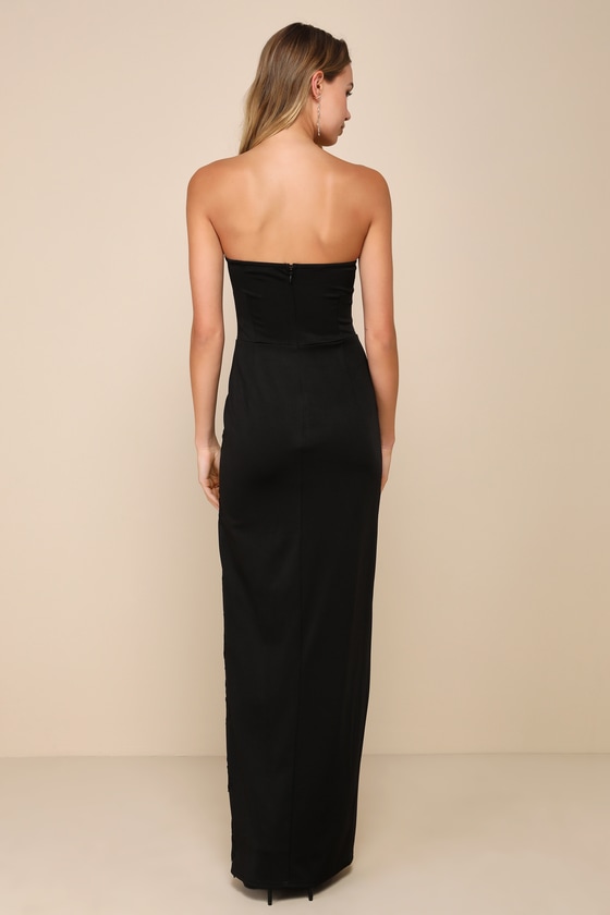 Lulus Elegant Mood Black 3d Floral Applique Strapless Maxi Dress In Black