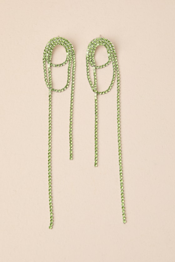 Lulus Dazzling Delights Green Rhinestone Fringe Earrings