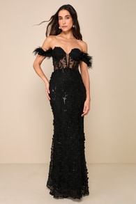 Midnight Sparkle Black Embroidered Feather Bustier Maxi Dress