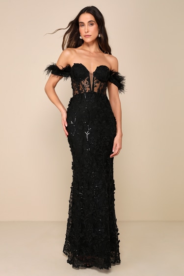 Black Embroidered Feather Bustier Maxi Dress | Womens | Medium (Available in L) | 100% Polyester | Lulus | Prom Dresses
