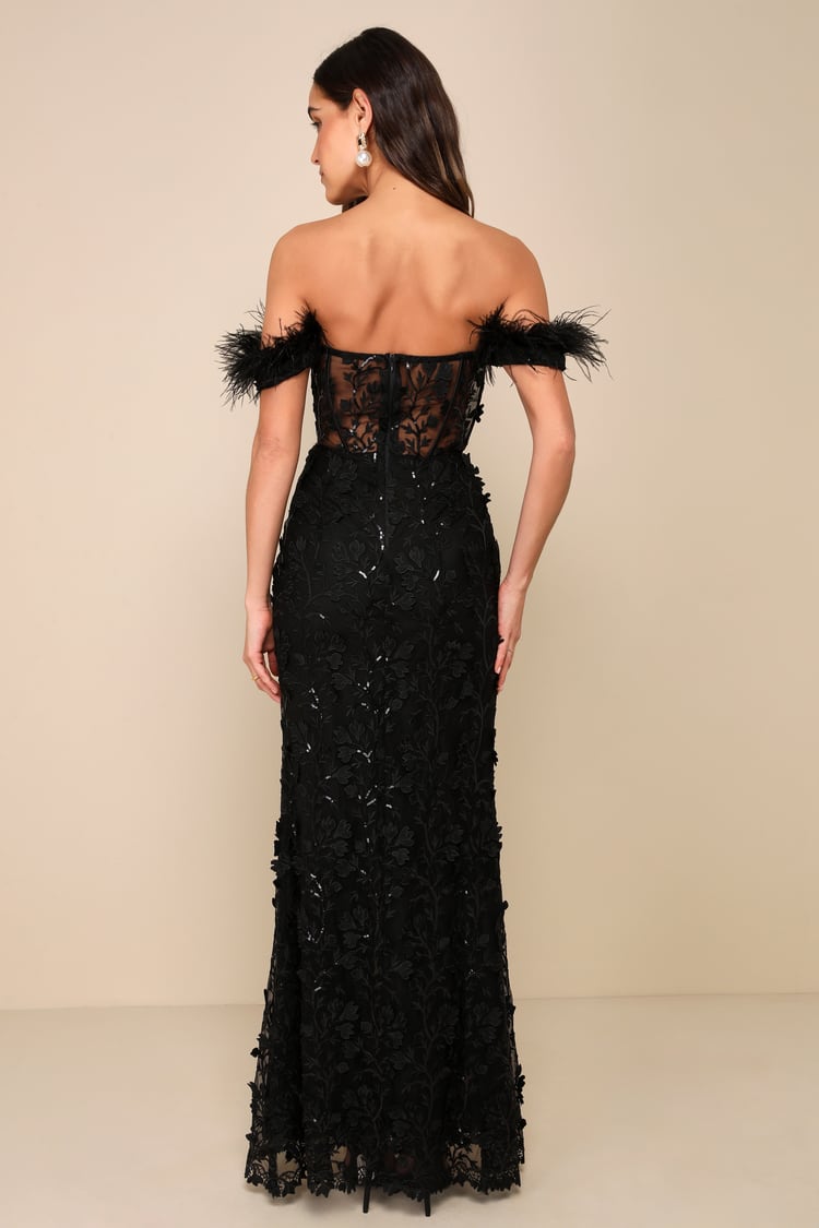 Midnight Sparkle Black Embroidered Feather Bustier Maxi Dress