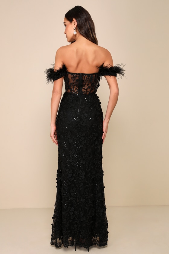 Midnight Sparkle Black Embroidered Feather Bustier Maxi Dress 2