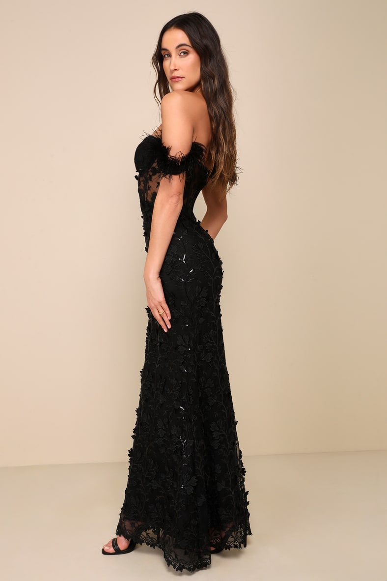 Midnight Sparkle Black Embroidered Feather Bustier Maxi Dress