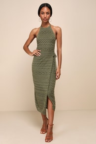 Blissful Strolls Olive Green Crochet Faux-Wrap Halter Midi Dress