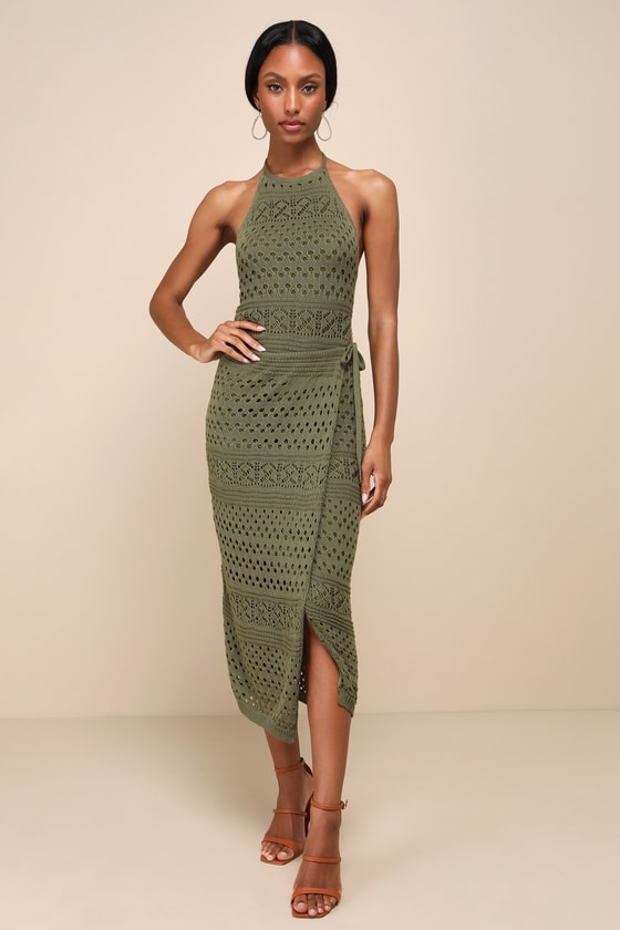 Blissful Strolls Olive Green Crochet Faux-Wrap Halter Midi Dress 1