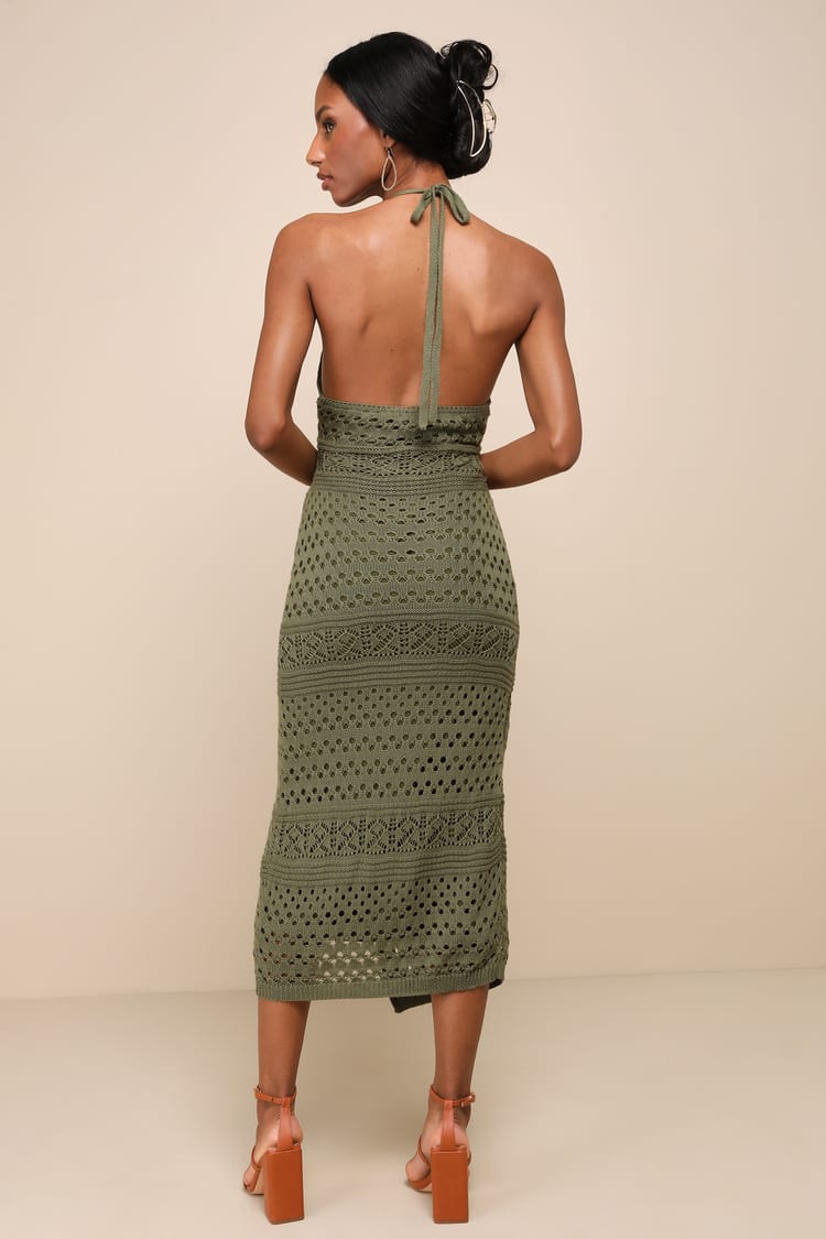 Blissful Strolls Olive Green Crochet Faux-Wrap Halter Midi Dress