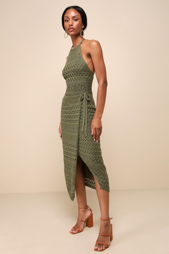 Blissful Strolls Olive Green Crochet Faux-Wrap Halter Midi Dress