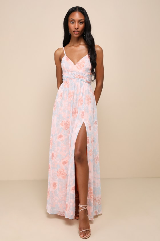 Exceptional Sweetness Peach Floral Chiffon Pleated Maxi Dress 1