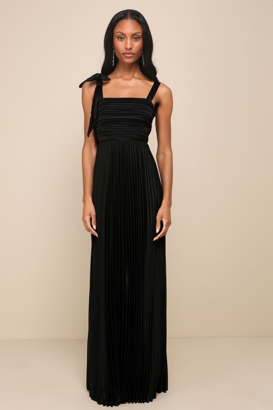Gorgeous Purpose Black Satin Pleated Sleeveless Bow Maxi Dress