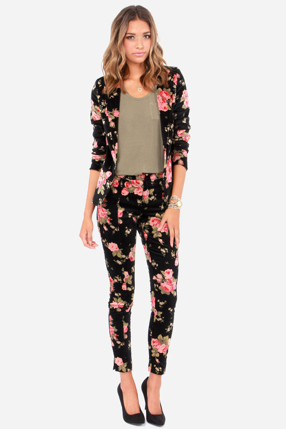 Flocked Floral Pants in Black