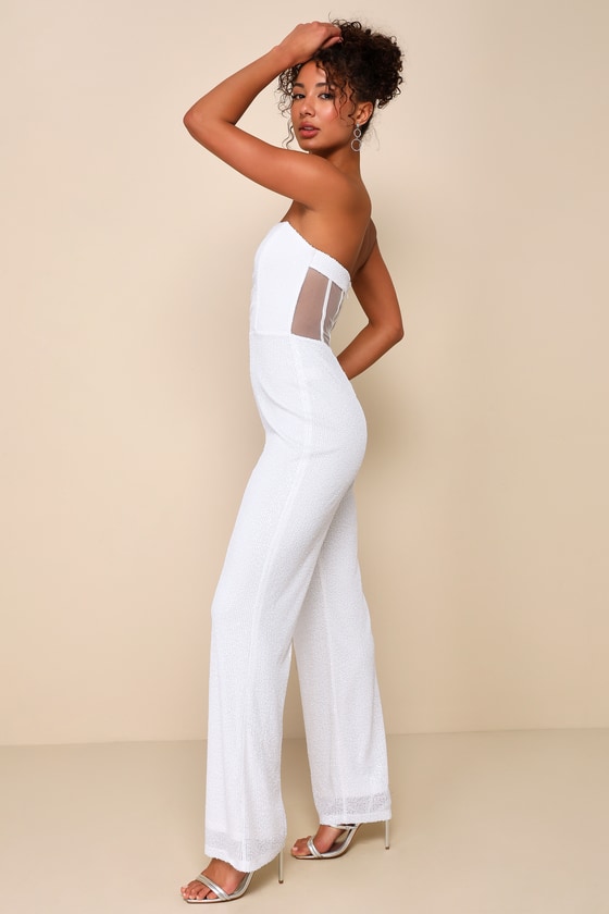 Shop Lulus Fashionista Nights White Sequin Strapless Wide-leg Jumpsuit