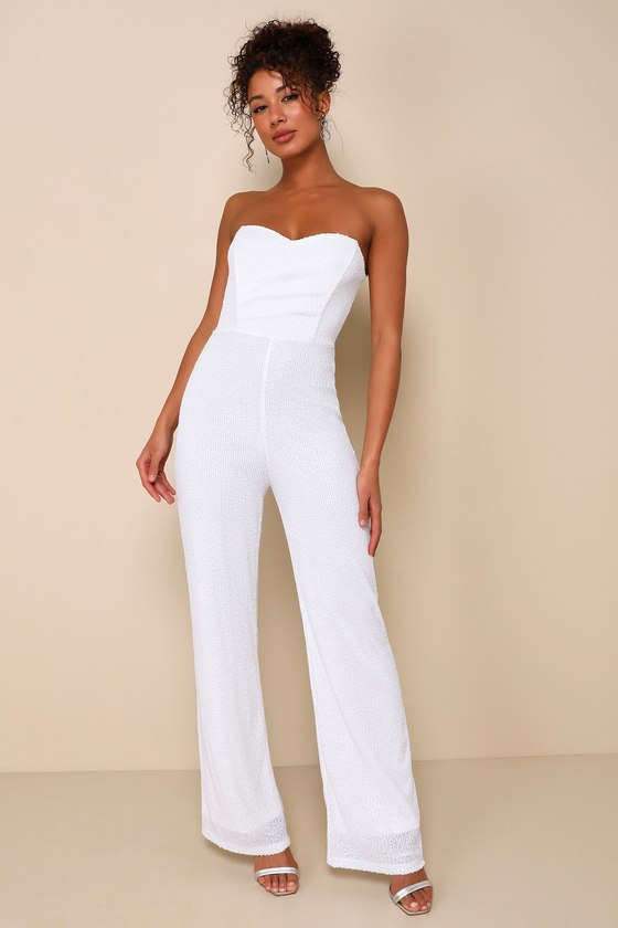 Lulus Fashionista Nights White Sequin Strapless Wide-leg Jumpsuit