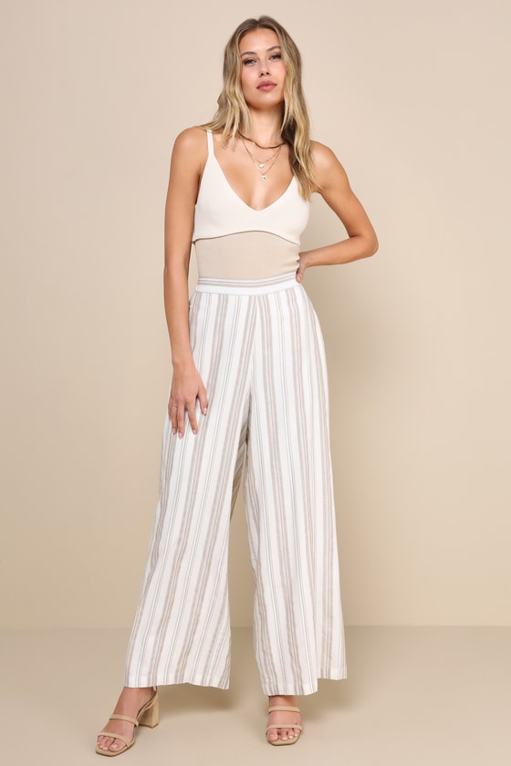 Lulus Santorini Chic White Striped Linen High Rise Wide-leg Pants