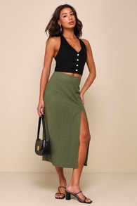 Effortless Olive Green Linen High-Rise Midi Skirt