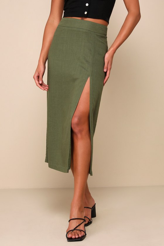 Effortless Olive Green Linen High-Rise Midi Skirt 2