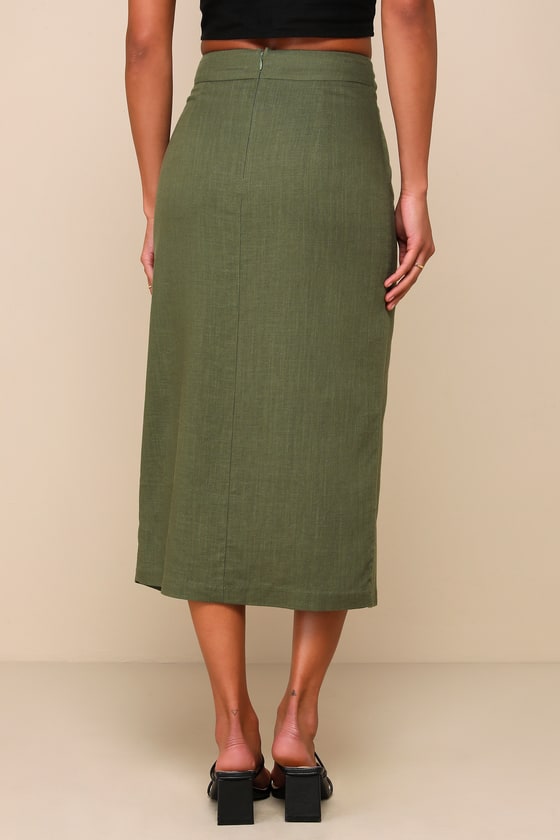 Shop Lulus Effortless Olive Green Linen High-rise Midi Skirt
