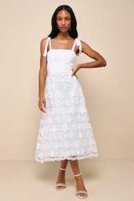 Striking Perfection White Embroidered Tie-Strap Midi Dress