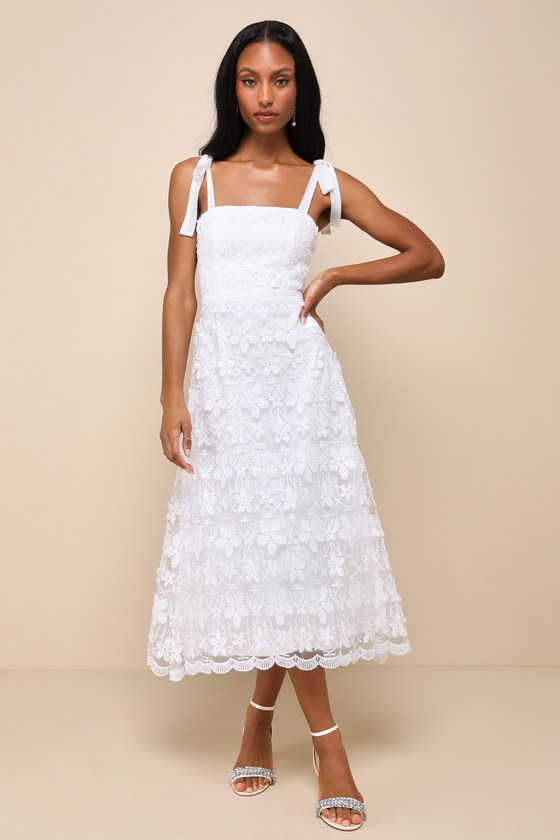 White Midi Embroidered Dress White Floral Embroidered Dress Strapless Dress  Midi Dress Lulus