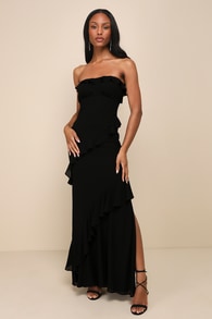 Dramatic Allure Black Ruffled Cutout Strapless Maxi Dress 1