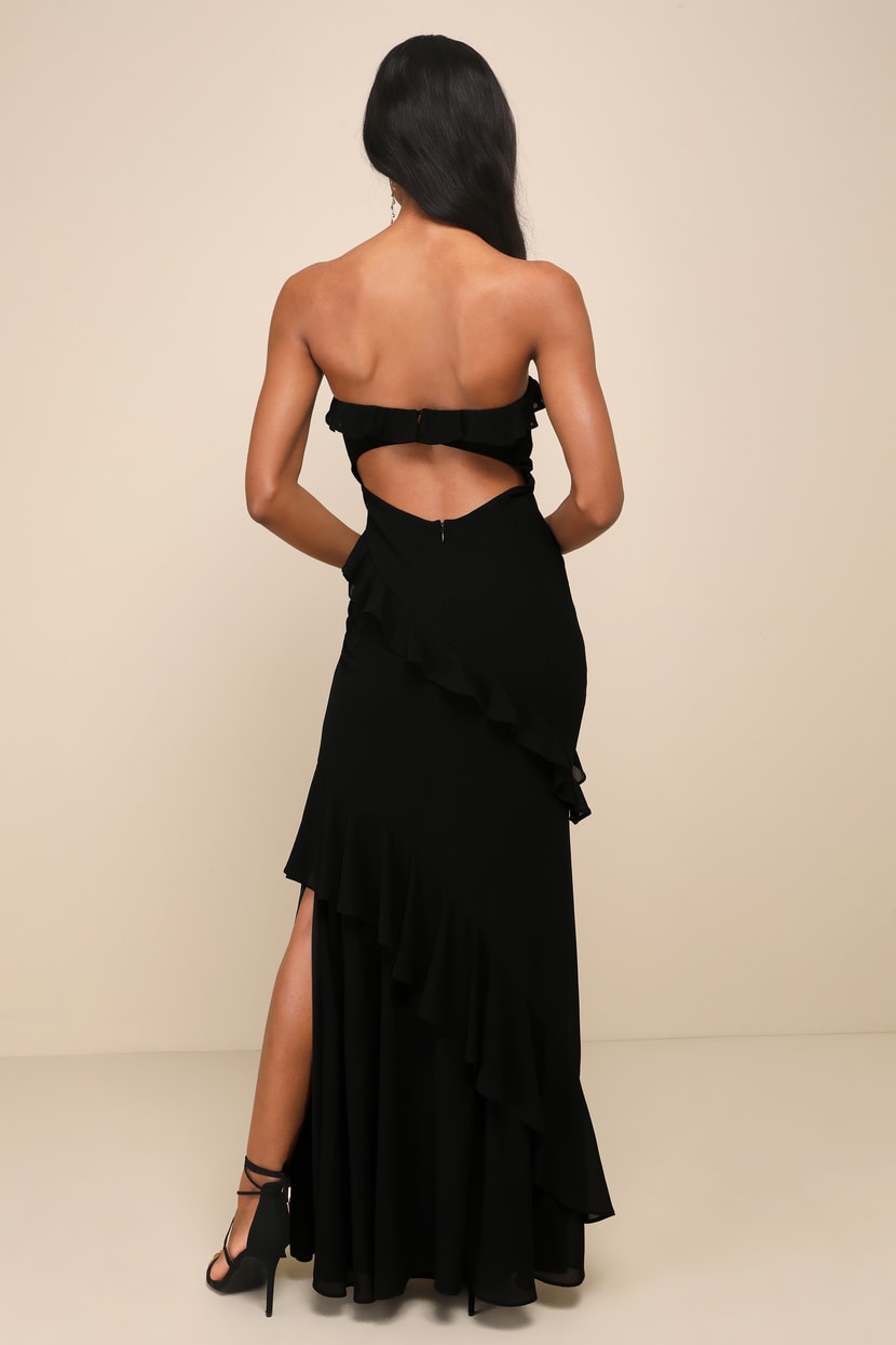 Dramatic Allure Black Ruffled Cutout Strapless Maxi Dress