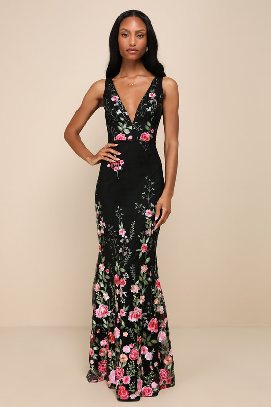 Soiree Blossom Black Floral Embroidered Mermaid Maxi Dress 1