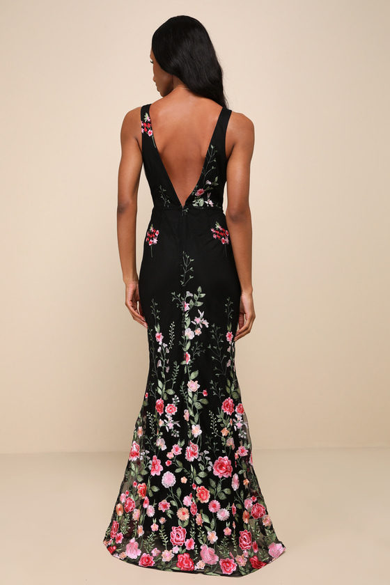 Soiree Blossom Black Floral Embroidered Mermaid Maxi Dress 6