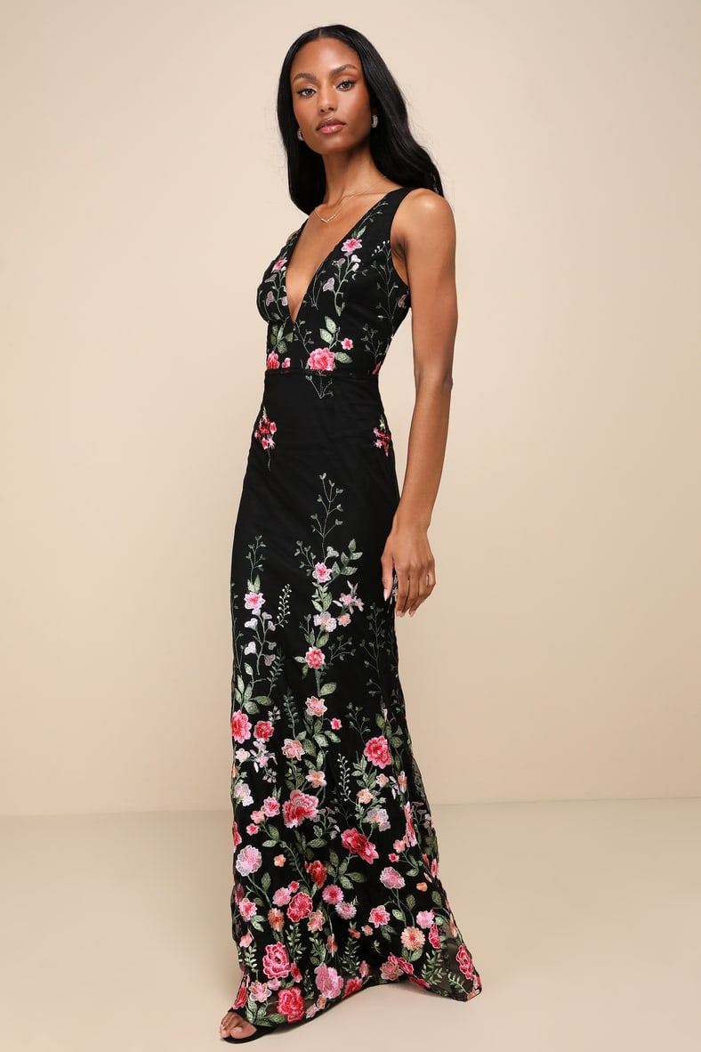 Soiree Blossom Black Floral Embroidered Mermaid Maxi Dress