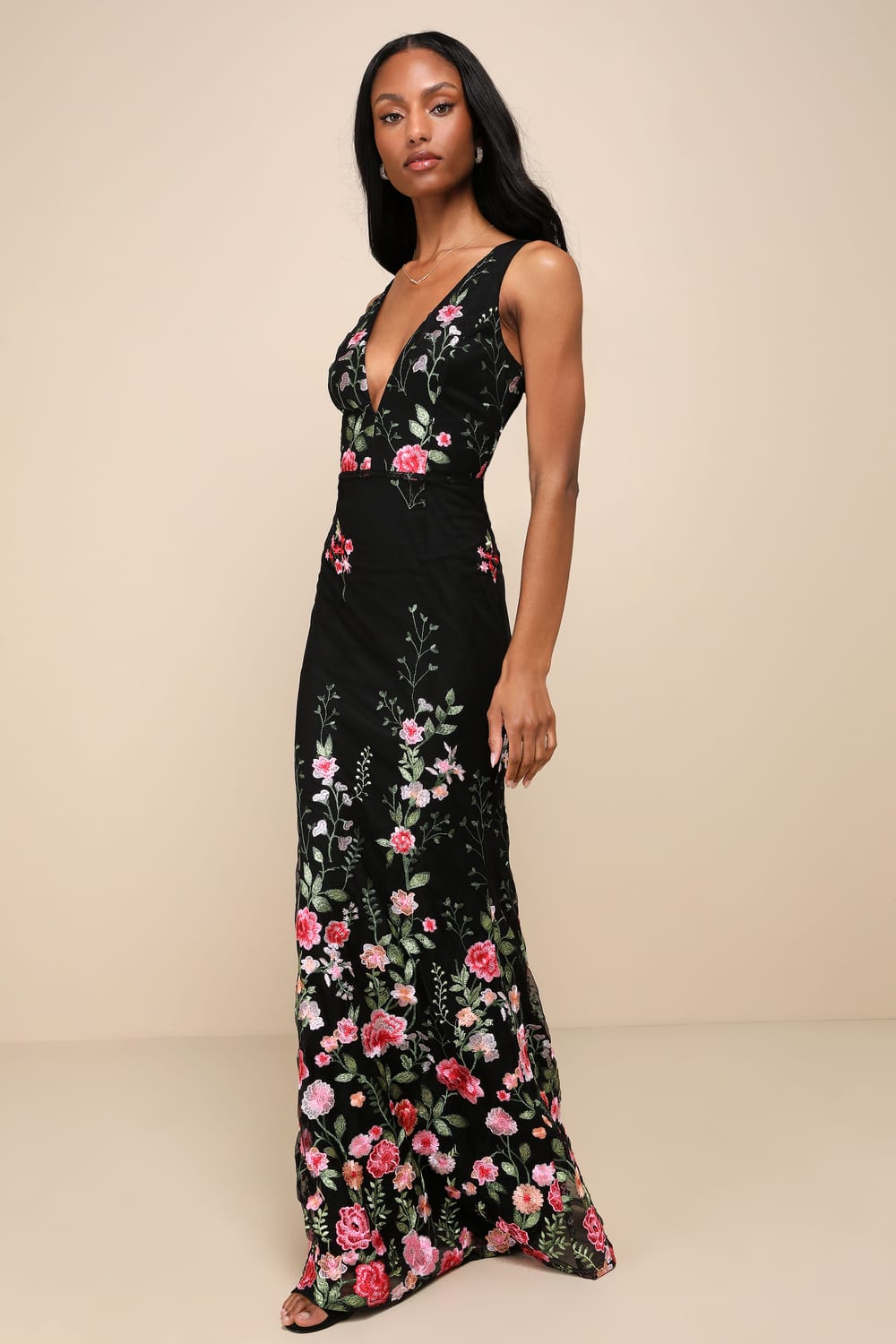 Soiree Blossom Black Floral Embroidered Mermaid Maxi Dress