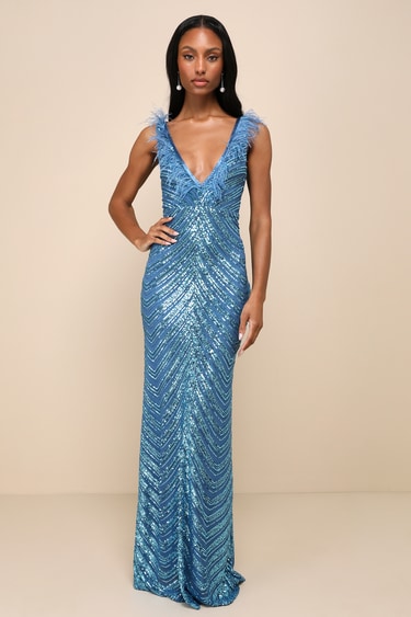 Luminous Muse Blue Sequin Feather Backless Mermaid Maxi Dress