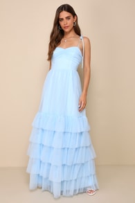 Endlessly Darling Light Blue Mesh Tiered Tie-Strap Maxi Dress