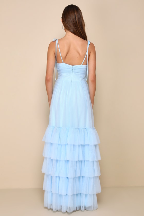 LULUS ENDLESSLY DARLING LIGHT BLUE MESH TIERED TIE-STRAP MAXI DRESS