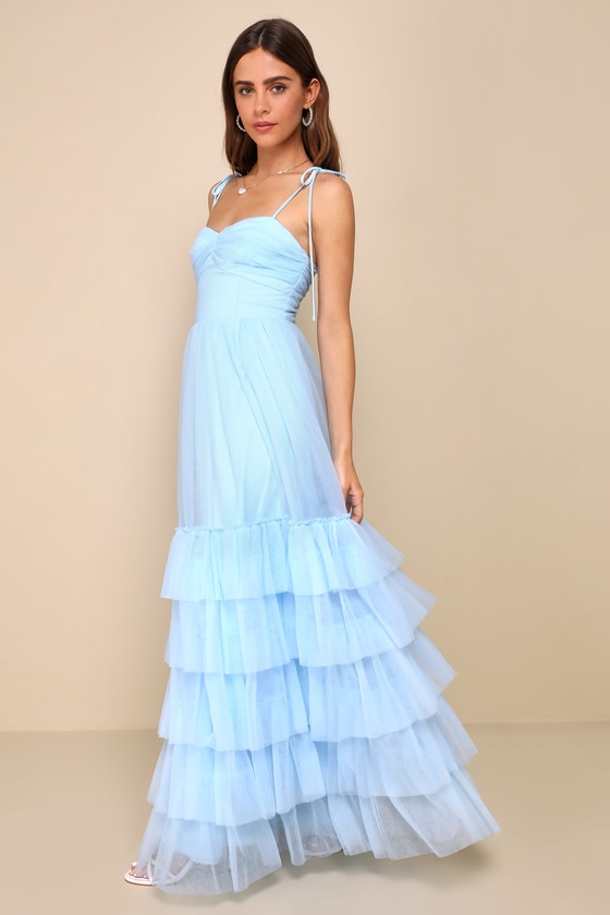 LULUS ENDLESSLY DARLING LIGHT BLUE MESH TIERED TIE-STRAP MAXI DRESS