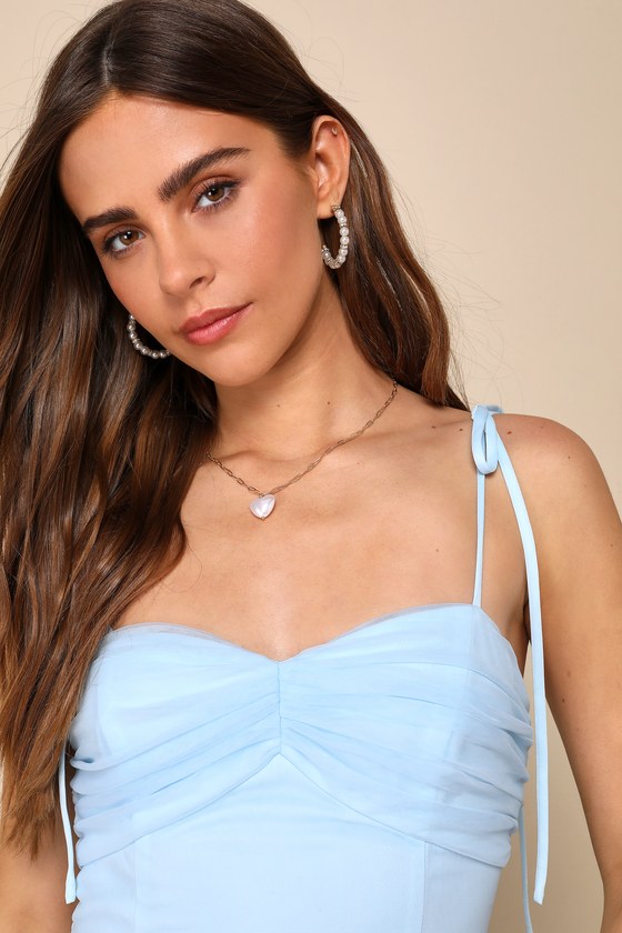 LULUS ENDLESSLY DARLING LIGHT BLUE MESH TIERED TIE-STRAP MAXI DRESS