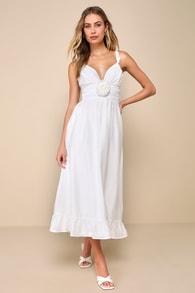 Soiree Beauty White Pleated Rosette Tiered Lace-Up Midi Dress