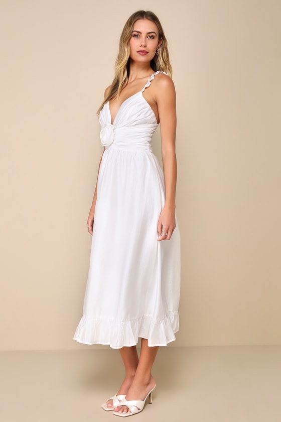 Shop Lulus Soiree Beauty White Pleated Rosette Tiered Lace-up Midi Dress
