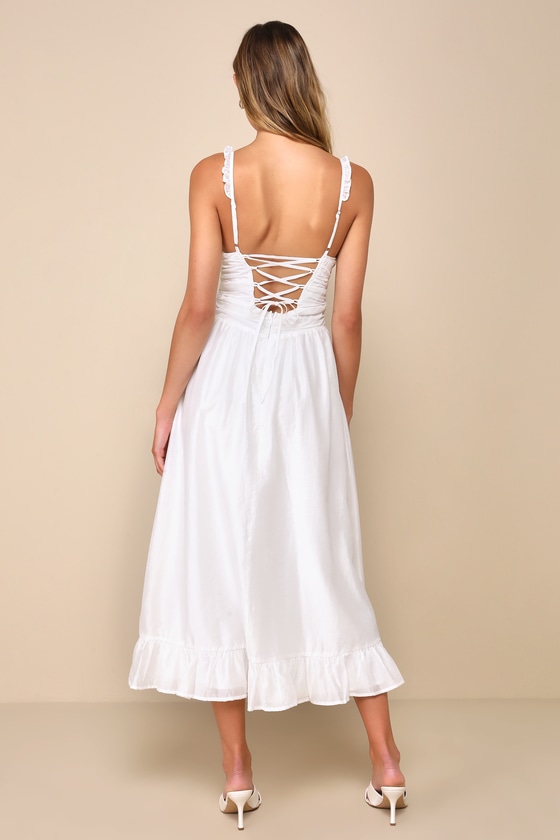 Shop Lulus Soiree Beauty White Pleated Rosette Tiered Lace-up Midi Dress
