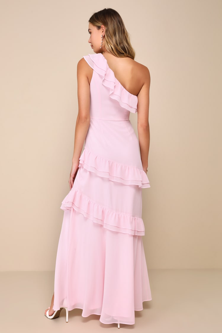 Brilliant Grace Light Pink Ruffled One-Shoulder Maxi Dress
